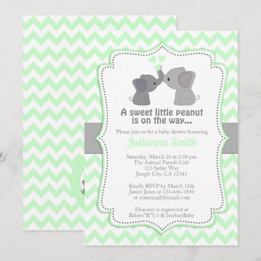Bleke Limoen Elephant Baby shower Uitnodiging Chev (Voorkant / Achterkant)