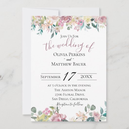 Bleke Mauve Bloemen Huwelijksuitnodiging Kaart (Voorkant)