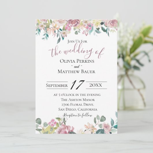 Bleke Mauve Bloemen Huwelijksuitnodiging Kaart (Staand voorkant)