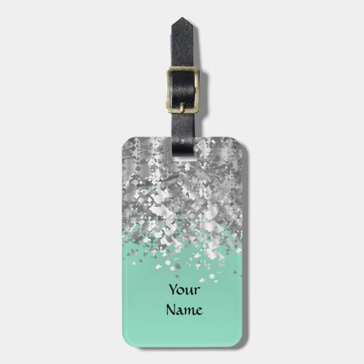 Bleke munt groen en faux glitter gepersonaliseerd bagagelabel (Voorkant verticaal)