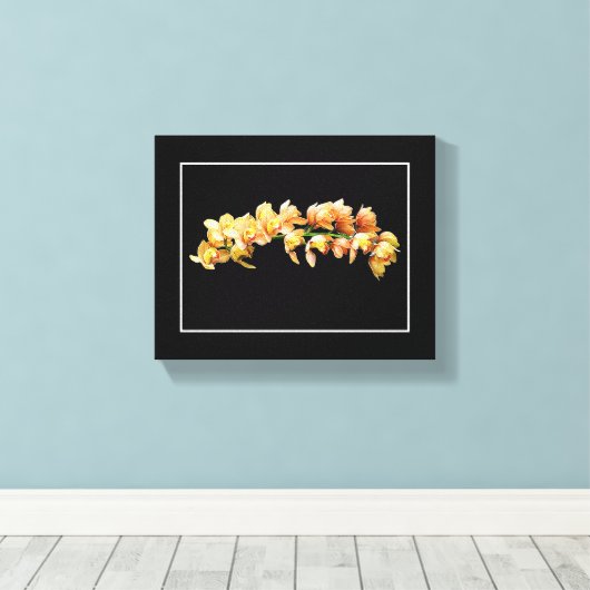 Bleke Oranje gele orchideeën Zwarte achtergrond Canvas Afdruk (Insitu (Houten vloer))