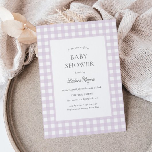 Bleke Paarse Gingham Classic Meisjes Baby shower Kaart
