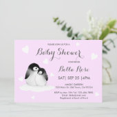 Bleke Paarse hartslag Penguin Baby Shower Invitati (Staand voorkant)