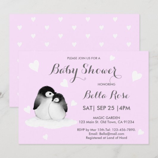 Bleke Paarse hartslag Penguin Baby Shower Invitati (Voorkant / Achterkant)