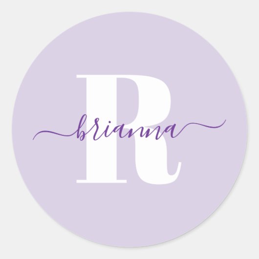 Bleke Paarse Script Naam Vet Monogram Ronde Sticker (Voorkant)