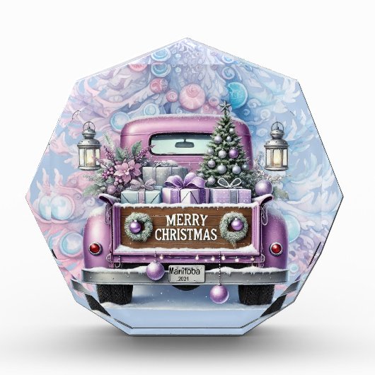 Bleke Paarse  Truck Vrolijk Kerstfeest Fotoblokken (Voorkant)