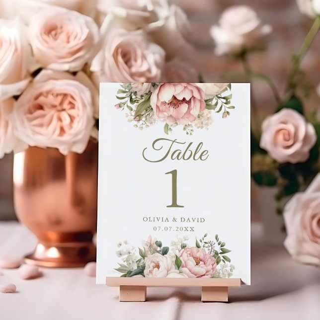 Bleke Peach en Blush Roze Trouwtafel Nummer (Pale Peach and Blush Pink Wedding Table Number on blush and copper wedding table.)