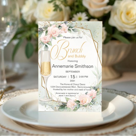 Bleke Peachy Pink Flowers Brunch en Bubbly Shower Kaart