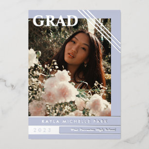 Bleke Periwinkle Silver Lines Foto Afstuderen Folie Uitnodiging