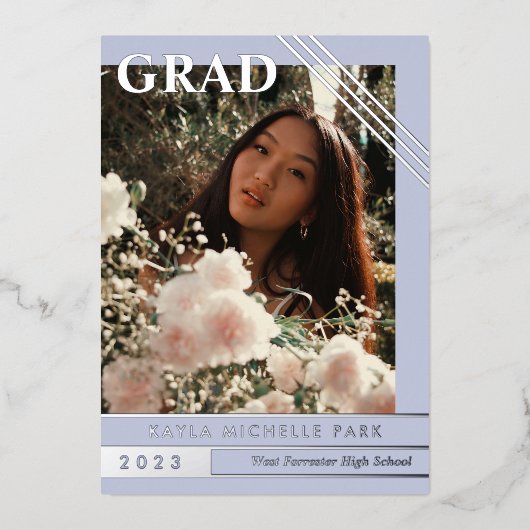 Bleke Periwinkle Silver Lines Foto Afstuderen Folie Uitnodiging (Voorkant)