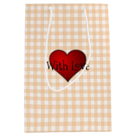 Bleke perzik gingham rood hart met liefde medium cadeauzakje (Voorkant)