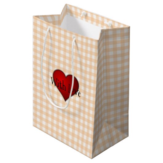 Bleke perzik gingham rood hart met liefde medium cadeauzakje (Voorkant Gekanteld)