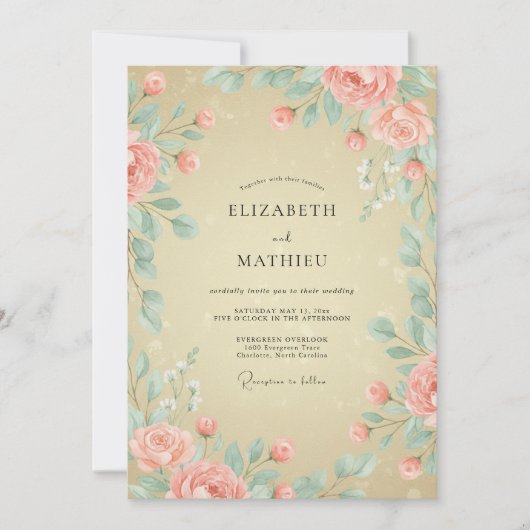 Bleke Perzik Mint Pioen Huwelijk Kaart (Voorkant)