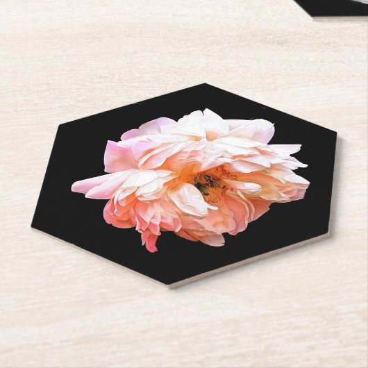 Bleke perzik pioen op zwart kartonnen onderzetters (Schuin)