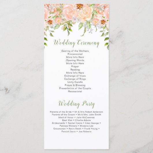 Bleke perzik Rozen en groen bruiloft programma Programmakaart (Achterkant)