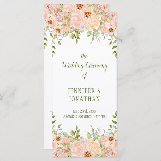 Bleke perzik Rozen en groen bruiloft programma Programmakaart (Voorkant / Achterkant)