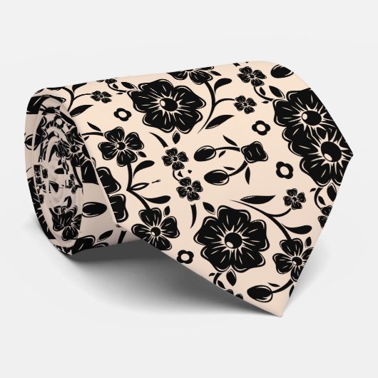 Bleke perzik zwart bloemig stropdas (Opgerold)