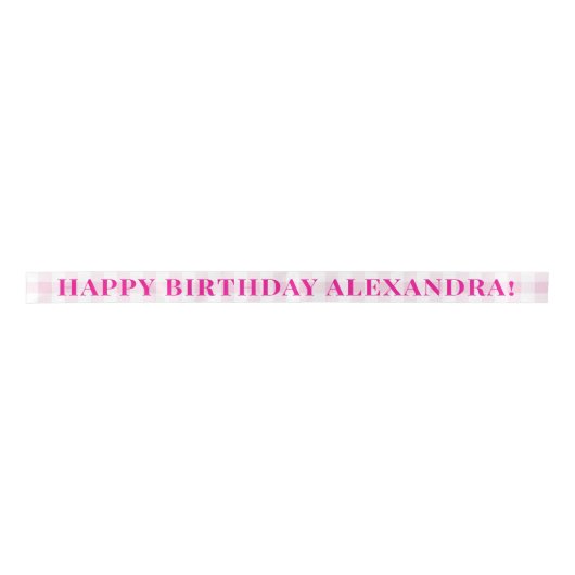 Bleke Pink Gingham Plaid en Fuchsia Happy Birthday Satijnen Lint (Voorkant)