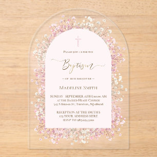 bleke roze achtergrond witte roze bloemen Doop Acryl Uitnodigingen