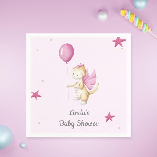 Bleke Roze Baby Dragon met Balloon Party Servet