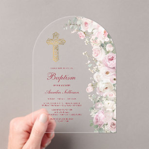 Bleke Roze Bloemen Boog Doop Helder Acryl Uitnodigingen