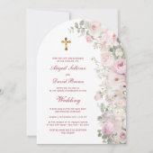 Bleke Roze Bloemen Boog Religieuze Trouwfeest Kaart (Voorkant)