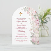 Bleke Roze Bloemen Boog Religieuze Trouwfeest Kaart (Staand voorkant)