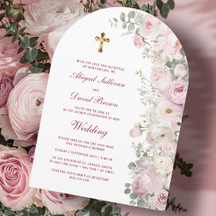 Bleke Roze Bloemen Boog Religieuze Trouwfeest Kaart