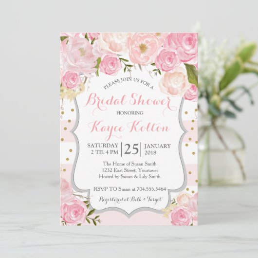 bleke roze bloemen Bruids Douche Uitnodiging (Staand voorkant)