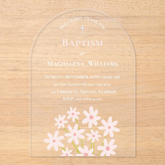 bleke roze bloemetjes Doop Acryl Uitnodigingen (Voorkant)