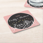 Bleke roze bloesem-bruid en bruidedatum huwelijk kartonnen onderzetters (Schuin)