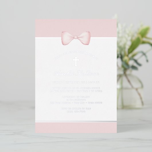 Bleke Roze Boog Doop Folie Uitnodiging (Staand Voorkant)