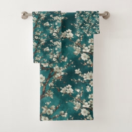 Bleke roze Cherry Blossom op Aqua Blauwgroen achte Bad Handdoek