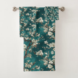 Bleke roze Cherry Blossom op Aqua Blauwgroen achte Bad Handdoek