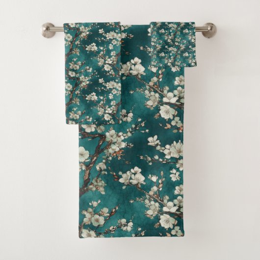 Bleke roze Cherry Blossom op Aqua Blauwgroen achte Bad Handdoek (Insitu)