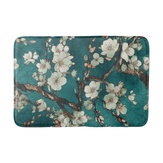 Bleke roze Cherry Blossom op Aqua Blauwgroen achte Badmat (Voorkant)