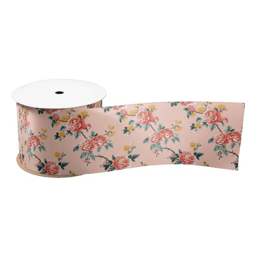 Bleke Roze Chinoiserie Floral Satijnen Lint (Spoel)