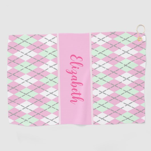 Bleke roze en groene argyle aangepaste naam dames golfhanddoek (Horizontaal)
