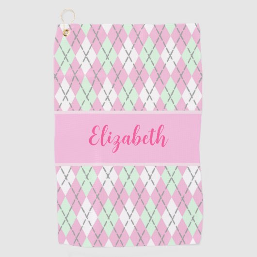 Bleke roze en groene argyle aangepaste naam dames golfhanddoek (Voorkant)