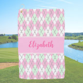 Bleke roze en groene argyle aangepaste naam dames golfhanddoek