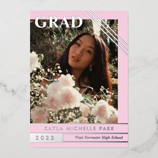 Bleke roze en zilverlijnen Foto Afstuderen Folie Uitnodiging (Voorkant)
