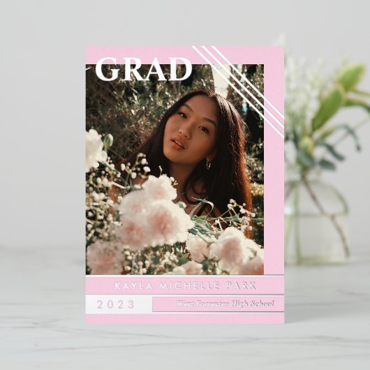 Bleke roze en zilverlijnen Foto Afstuderen Folie Uitnodiging (Staand Voorkant)