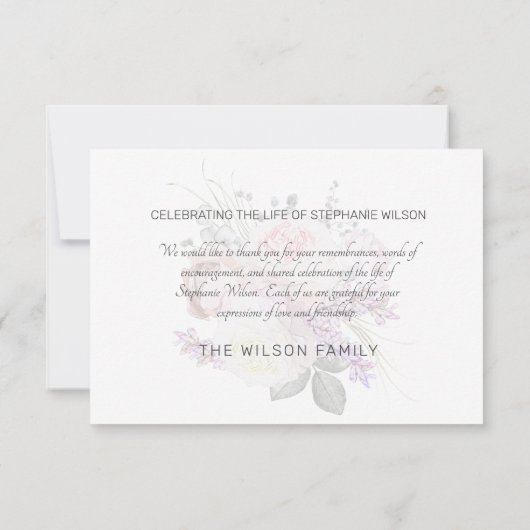 Bleke roze Floral Funeral Bereavement Dank u Bedankkaart (Achterkant)