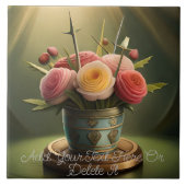 Bleke Roze, Gele en Koraalrode Rozen in Lichtstral Tegeltje (Voorkant)