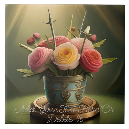 Bleke Roze, Gele en Koraalrode Rozen in Lichtstral Tegeltje (Voorkant)