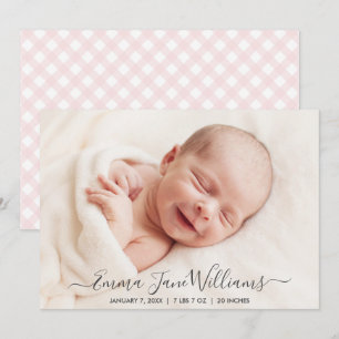 Bleke roze Gingham Geboortekaartje Fotokaart Aankondiging