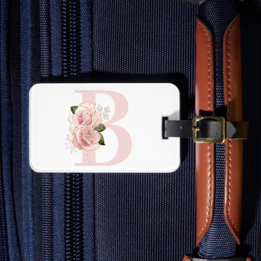 Bleke Roze Gouden Bloem Monogram Bagagelabel (Voorkant Insitu 4)