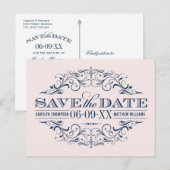  Bleke Roze Navy Flourish Save the Date Aankondigingskaart (Voorkant / Achterkant)