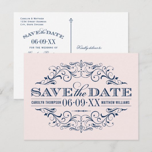  Bleke Roze Navy Flourish Save the Date Aankondigingskaart (Voorkant / Achterkant)