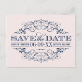  Bleke Roze Navy Flourish Save the Date Aankondigingskaart (Voorkant)
